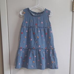 Mud Pie Blue Denim Dress with Rainbow & Flower Embroidery